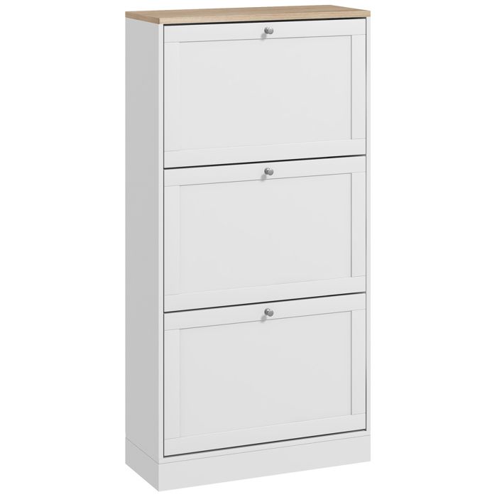 Meuble à chaussures style scandinave 3 portes abattantes 18 paires 60x23 5x115 cm blanc et bois
