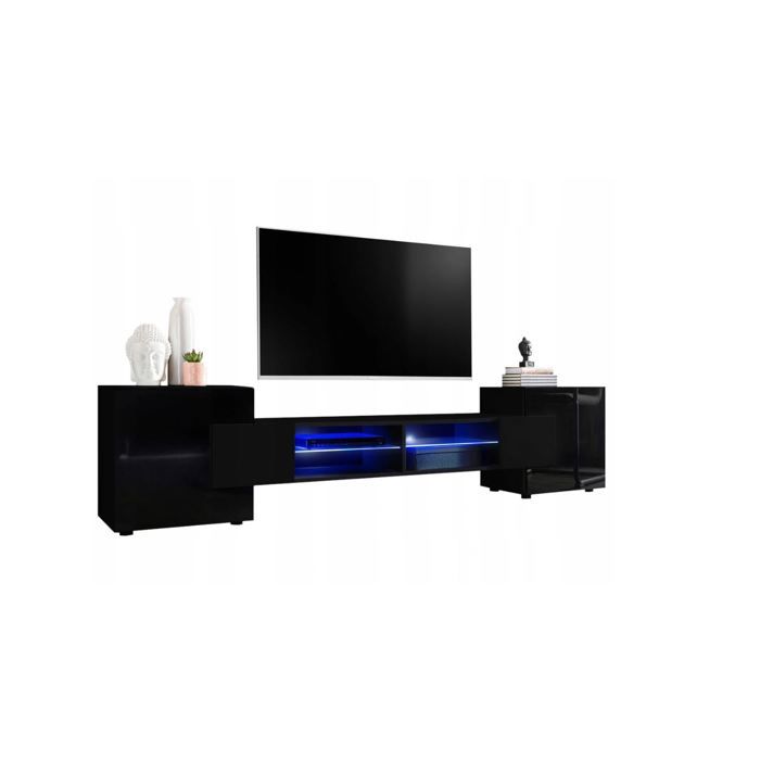 meuble tv pablo 230 cm avec led noir mat et noir laque cdiscount maison