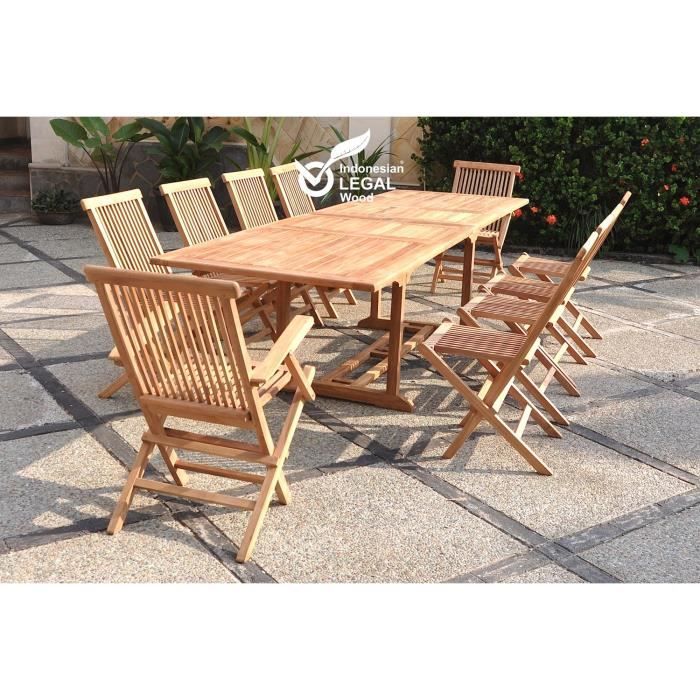 Salon de jardin - 10 personnes - KAJANG - Concept Usine - Teck massif - Table Rectangle - 8 chaises + 2 fauteuils - Marron