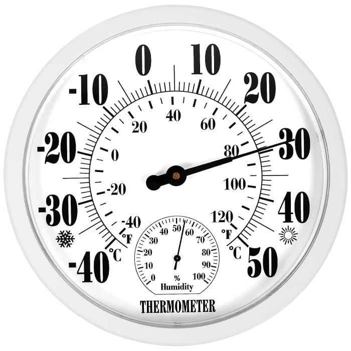 Thermomètre Hygromètre Rond BAIFULAI 25,4 Cm - Pour Intérieur/Extérieur, Cadran Grand, Précision +/-2°C
