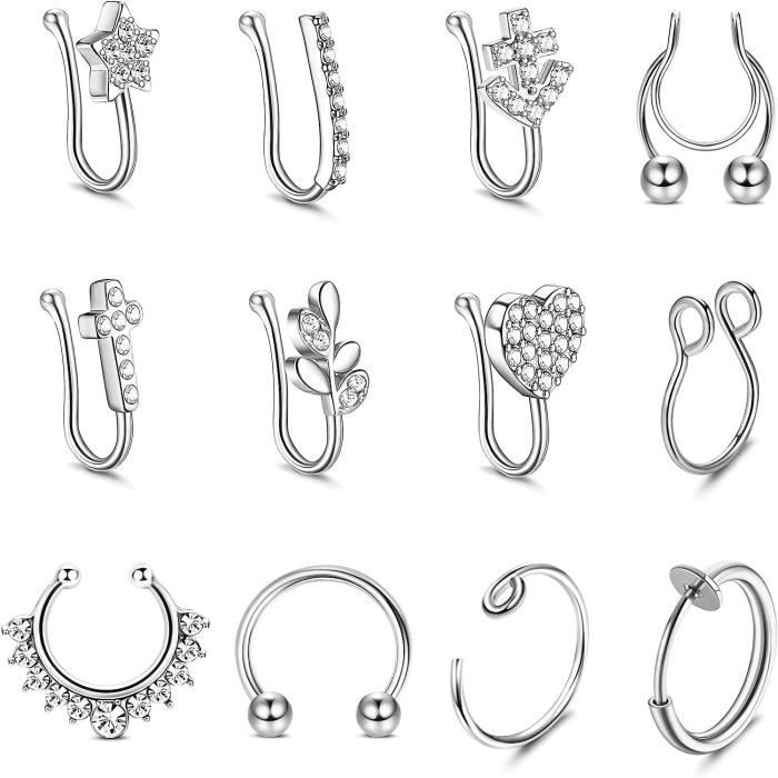12Pcs Fake Nose Rings Clip On Nose Ring Stainless Steel Fake Lip Ear Nose Septum Rings Faux Non Piercing Nose Ring For Women u3783 Achat Vente piercing nez 12Pcs Fake Nose