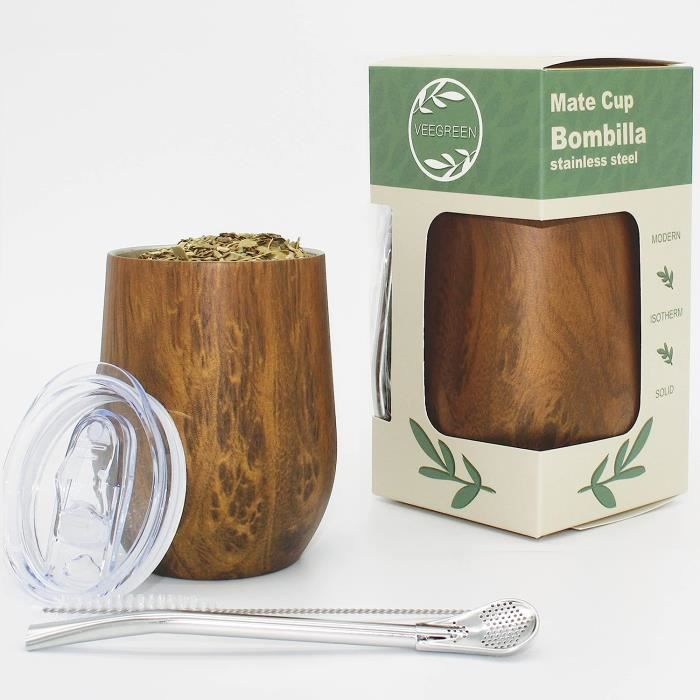 Kit Calebasse Yerba Maté, Tasse Isotherme + Paille Bombilla Traditionnelle  + Couvercle Type Thermos