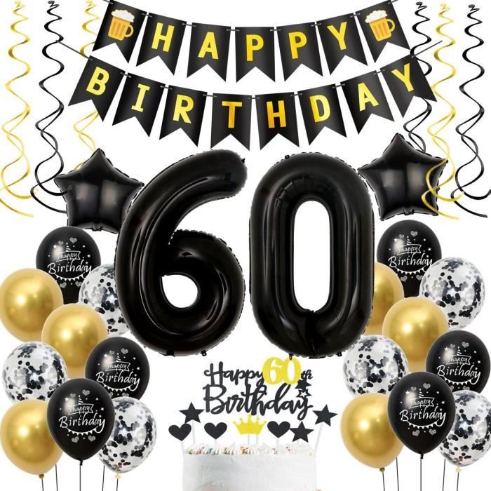 Décoration Anniversaire 60 Ans Noir Et Or - Banderole, Ballons, Confettis - Pour Fête Homme Ou Femme