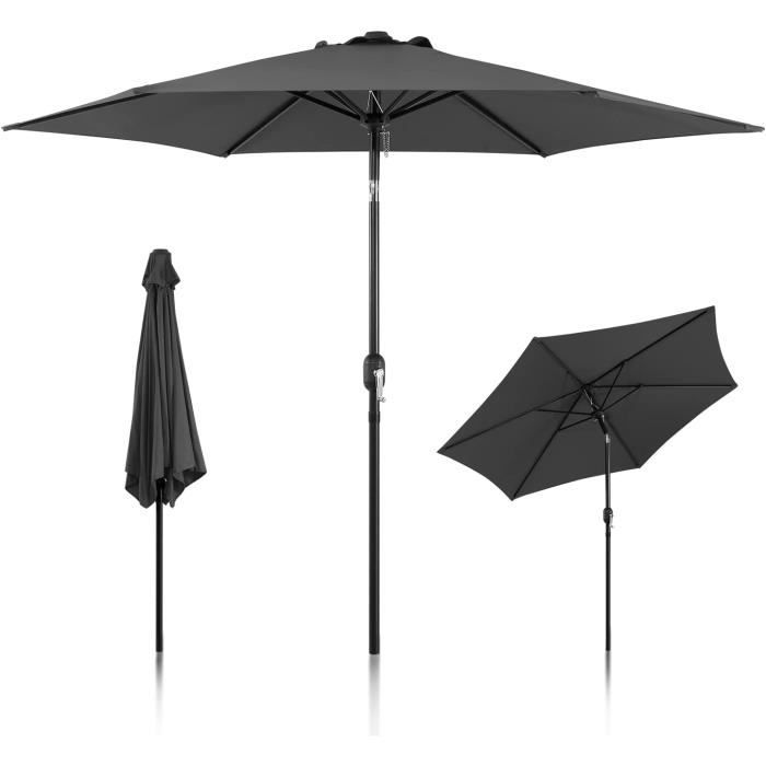 Parasol Inclinable 270 Cm Avec Manivelle - 8 Baleines, Pour Patio, Jardin, Terrasse, Gris