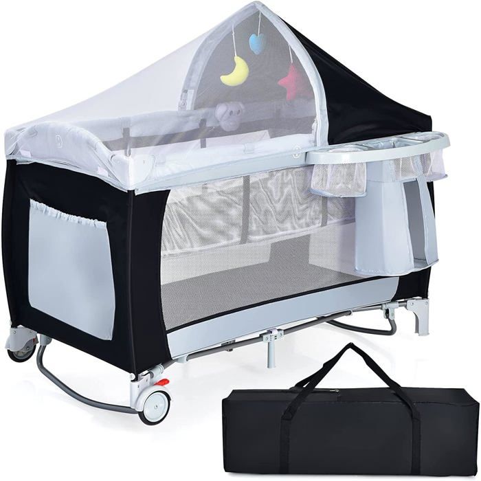 COSTWAY Lit B&eacute;b&eacute; 4 en 1  BerceauTable &agrave; LangerParc de Jeux-Fonction Basculement--Bo&icirc;te &agrave; Musique avec Lumi&egrave;res-Pliage Facile-Noir 