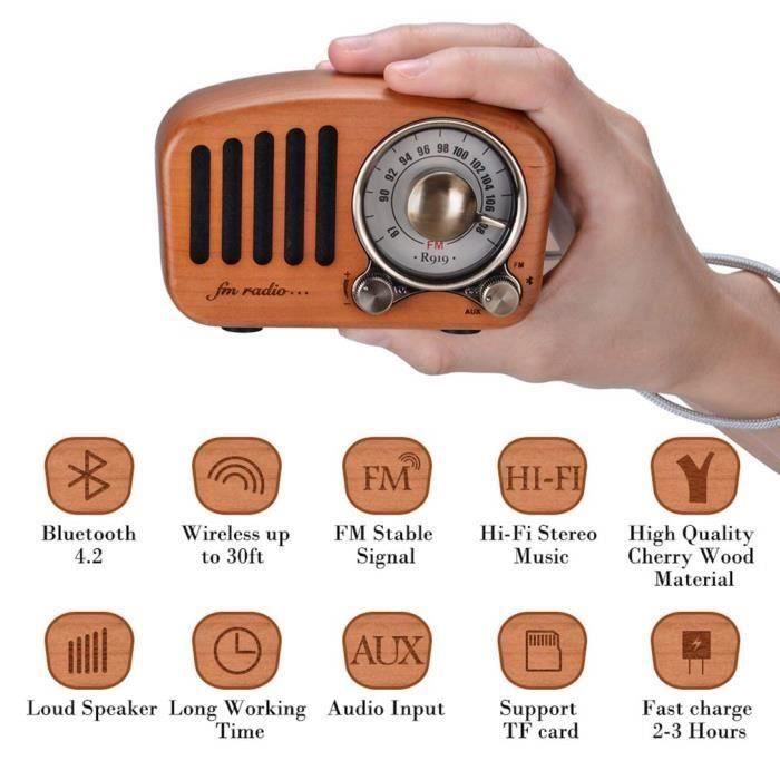 Radio Portable Haut-parleurs Bluetooth Aooeou Faits à la Main Rétro Radio FM en Bois Bluetooth 4.2 Mini Haut-Parleur avec Caisson de Basses Super Graves avec Radio FM Prise D’entrée Audio 