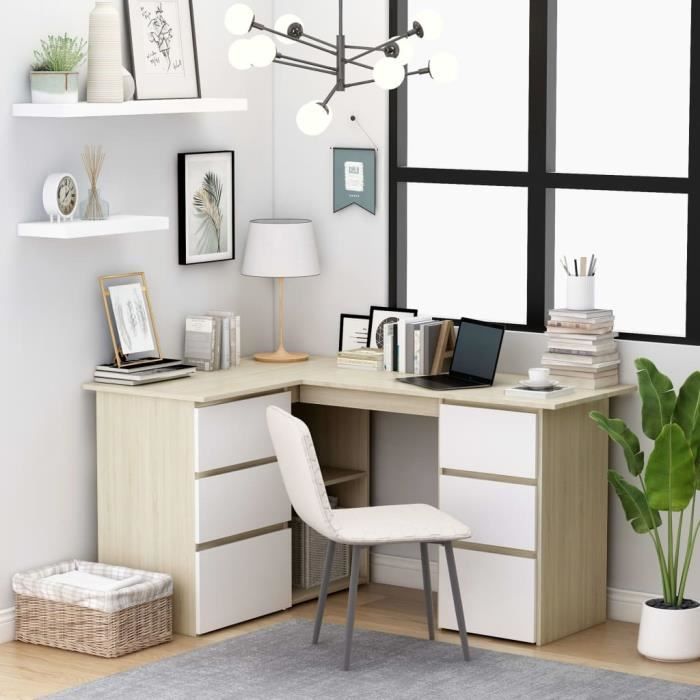 Bureau D Angle Avec 6 Tiroirs Et 2 Etageres Armoire De Bureau Design Contemporain Agglomere Blanc Et Chene Sonoma 145x100x76 Achat Vente Armoire De Chambre Armoire De Bureau