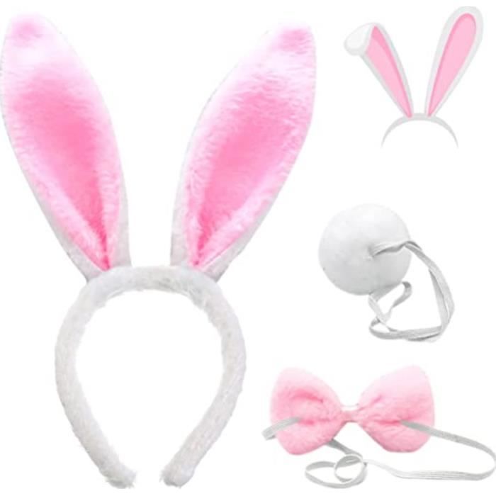 Serre-tête Oreilles De Lapin En Peluche - Blanc Et Rose - Pour Déguisement, Fête, Pâques, Cosplay - Enfants Et Adultes - Accessoire Mignon Et Doux