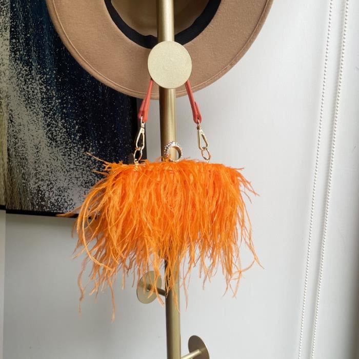 Orange 18X7X8CM Pochette De Soir e En Plumes D autruche Pour