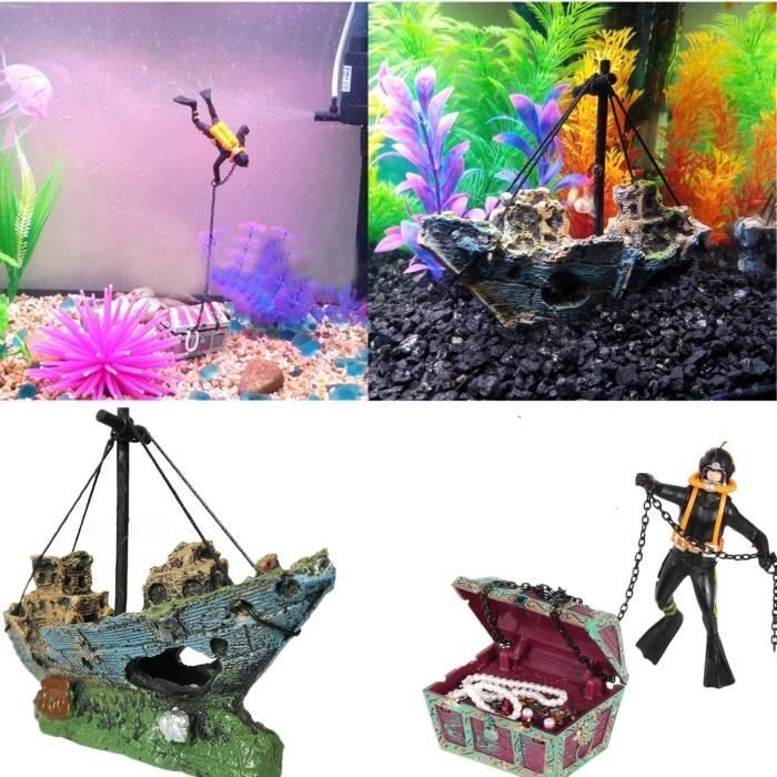 Aquarium Brise Bateau Decoration Chasseur De Tresor Ornement Coffre A Tresor Mobile Plongeur Flottant Fish Tank Shipwreck Pois Cdiscount Maison