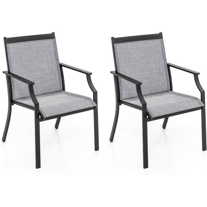 costway lot de 2 chaises fauteuils de jardin en textilène -cadre en métal, dossier incurvé, charge 150kg -terrasse piscine - gris