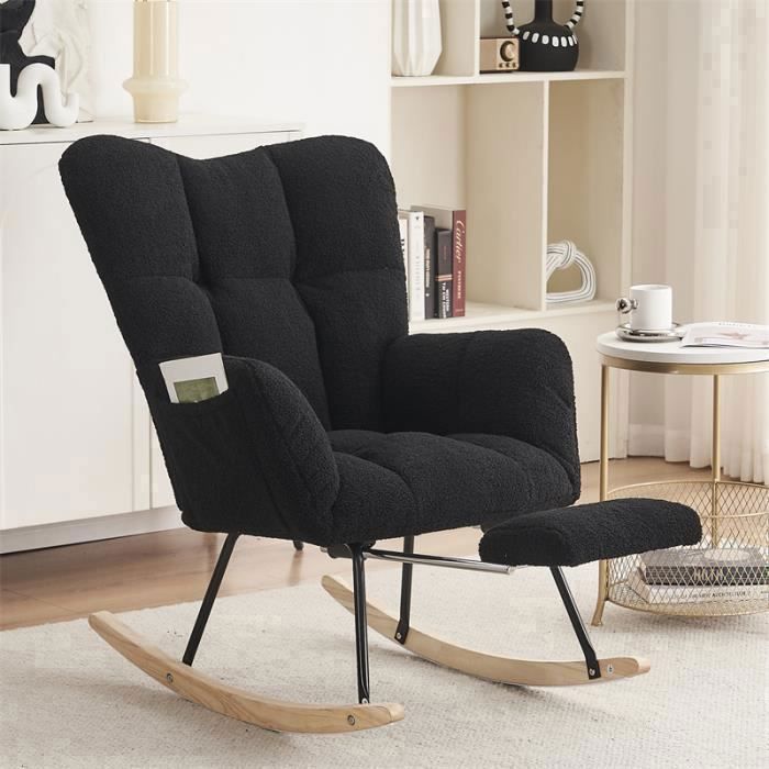 Fauteuil à bascule - DREAMMESPACE - Noir - Tissu Teddy - 1 place - Repose-pieds extractible