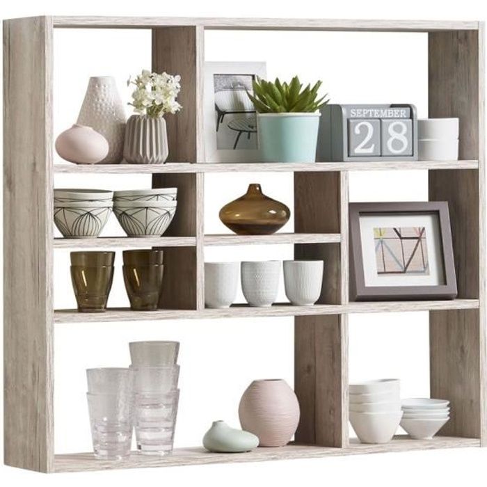 fmd etagere murale avec 9 compartiments chene sable cdiscount maison