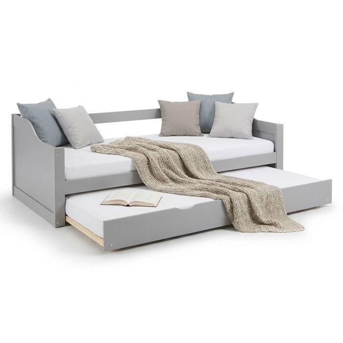 Lit en bois 90 x 200 cm gris convertible en lit double couchette avec sommier à lattes Lit en bois 90 x 200 cm gris convertible en lit double couchette avec sommier à lattes