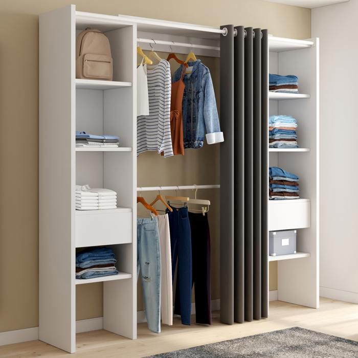 IDMARKET Dressing extensible double MERYL 120/180 x 50 x 180 cm blanc avec étagères + double penderie + rideau gris IDMARKET Dressing extensible double MERYL 120/180 x 50 x 180 cm blanc avec étagères + double penderie + rideau gris
