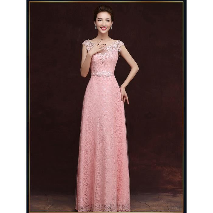 Robe Soirée Longue Dentelle Tenue De Sortie Habit Robe De Ceremonie De Mariage Fermeture éclair Rose
