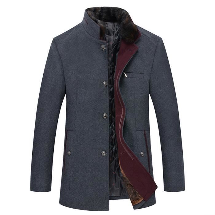 Manteau Court Homme Laine Automne Hiver Col de Fourrure Fausse Veste Epaisse Chaude Couleur Unie Gris Cdiscount Pret a Porter