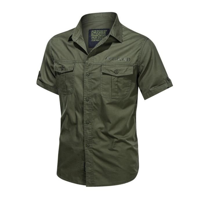Chemise a Manches Courtes Homme Chemise de Travail a Manches Courtes Chemise Boutonnee en Coton avec Poche Poitrine Vert