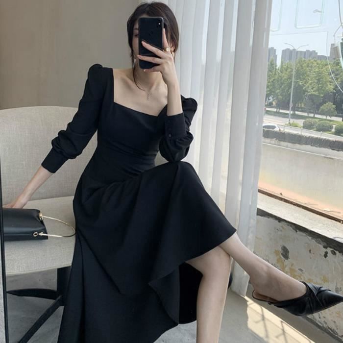 Robe Robe elegante a manches longues pour femme vetement surdimensionne Vintage col carre Midi noir Chic Style Type black Blanc Cdiscount Pret a Porter