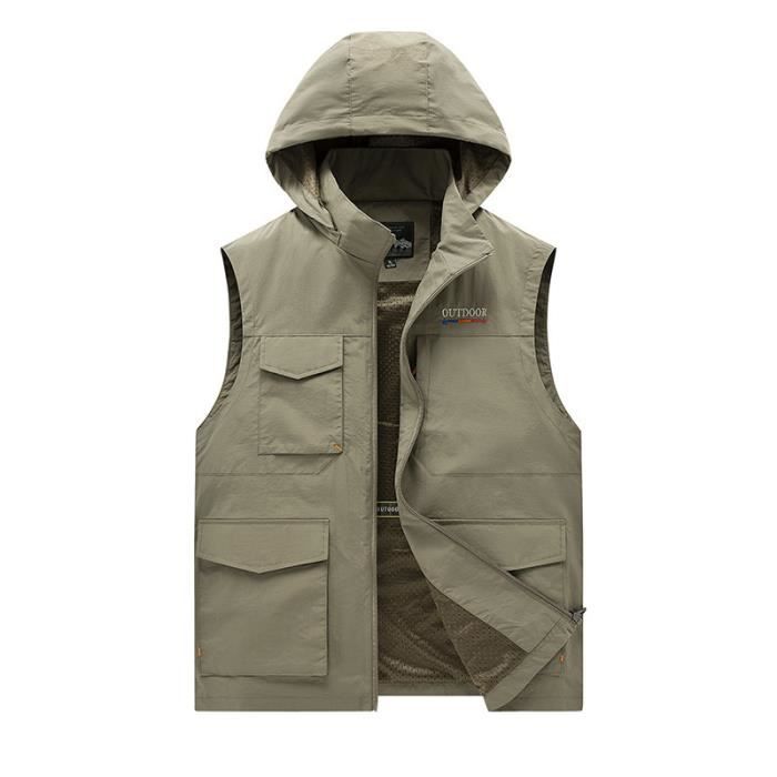 Gilet Homme Exterieur Multipoches Leger Respirant Veste Sans Manche A Capuche amovible Couleur Unie