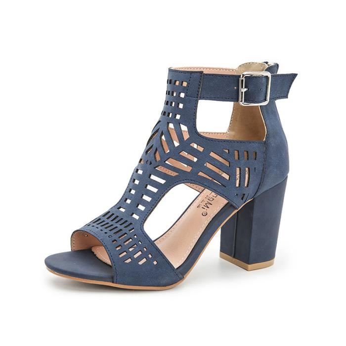 Sandales Femme East 5th En Cuir Verni Bleu Marine – Talon Bas, Lanières, Bout Ouvert