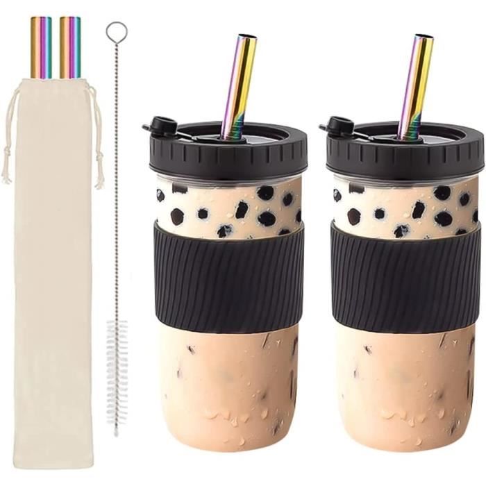 Lot 4 Verres Bubble Tea 730ml Avec Paille Et Couvercle - Bocaux Mason Jar Réutilisables