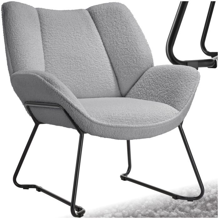 Chaise - TECTAKE - Fauteuil KJELD avec accoudoirs et dossier large rembourré avec revêtement bouclé 73 x 72 x 81 cm - Gris clair