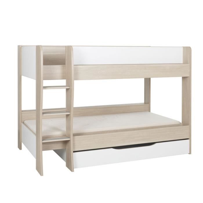 lit superposé bois/blanc - rosemie - l 209 x l 130 x h 145 - 90 x 200 cm + tiroir