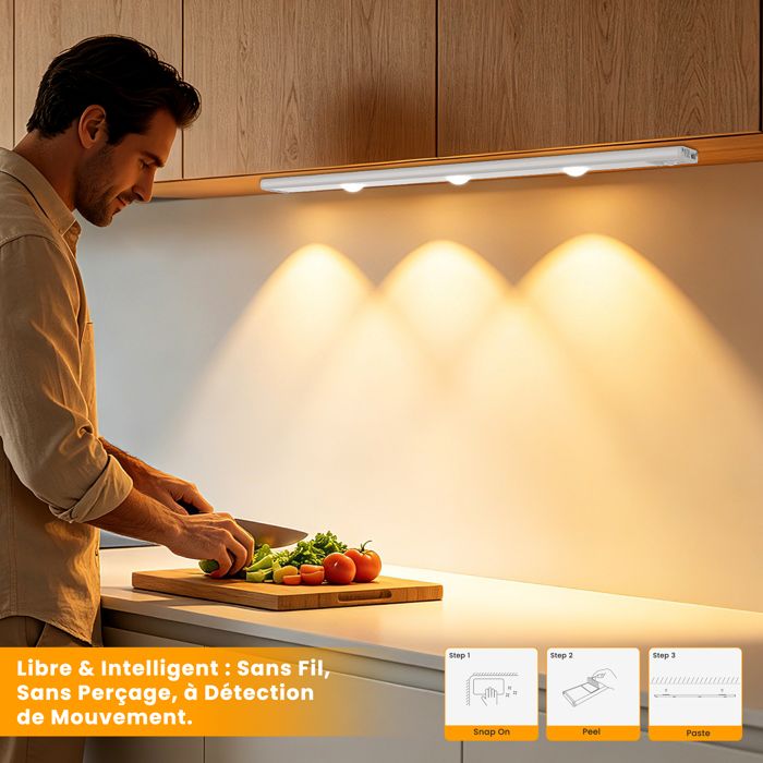 ®WHD© Lampe de Placard LED 40cm Détecteur de Mouvement Sans Fil Magnétique USB Rechargeable 3 Températures Argent