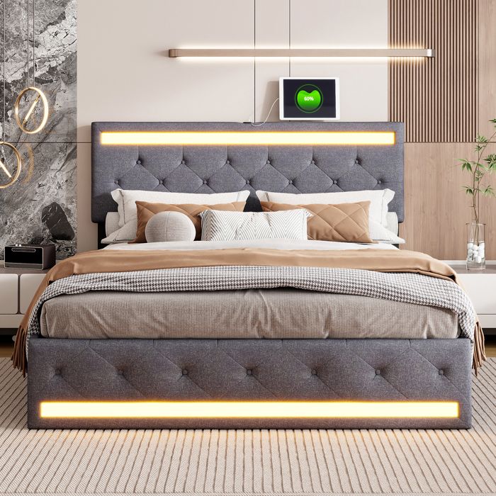 DICTAC Lit Coffre 160x200 avec Lumières LED et Prise,Lit 160x200 avec Sommier à Lattes et Rangement Hydraulique,Lits 2 Personnes en Lin avec Rangement Tête de lit,Lits 2 Places,Blanc-sans Matelas DICTAC Lit Coffre 160x200 avec Lumières LED et Prise,Lit 160x200 avec Sommier à Lattes et Rangement Hydraulique,Lits 2 Personnes en Lin avec Rangement Tête de lit,Lits 2 Places,Blanc-sans Matelas