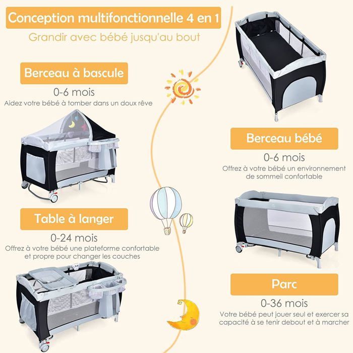 LIFEZEAL Lit Bébé Pliable 4 En 1 - Avec Table à Langer, Arche De Jeu Et LIFEZEAL Lit Bébé Pliable 4 En 1 - Avec Table à Langer, Arche De Jeu Et