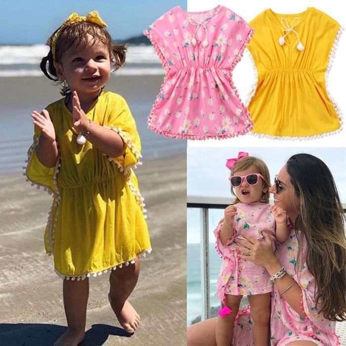 Robe Robe de Plage pour les filles Cover Up avec pompons tunique pareos vetements de Plage pour les enfants Blanc Cdiscount Pret a Porter