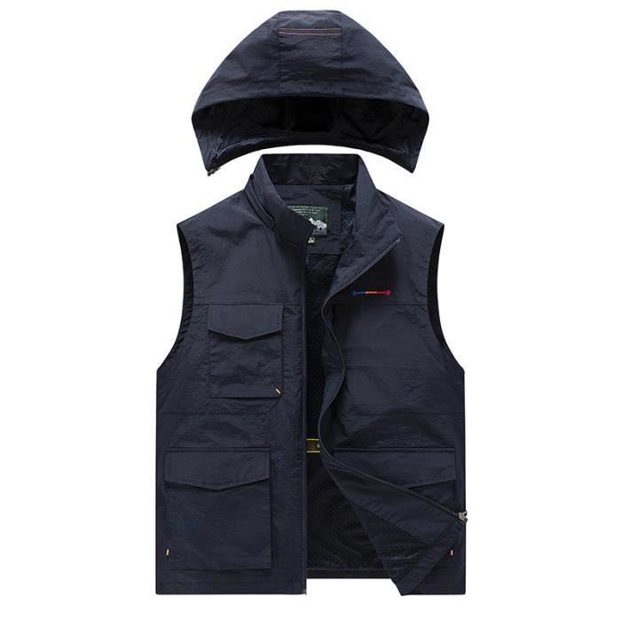 Gilet Homme Exterieur Multipoches Leger Respirant Veste Sans Manche A Capuche amovible Couleur Unie