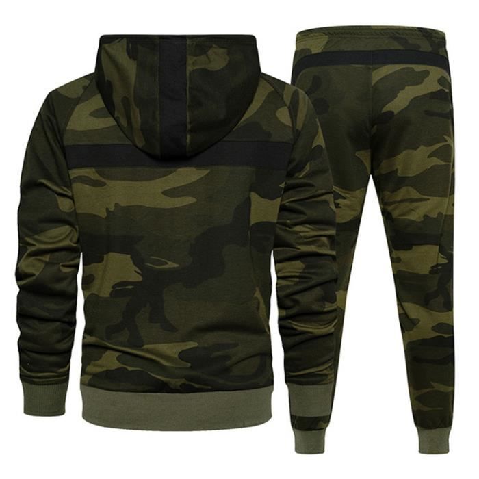 Ensemble Deux Pieces Homme Camouflage Jogging Survetement Zipper Veste a Capuche Manches Longue Pantalon GYM Tenue de Sport Vert