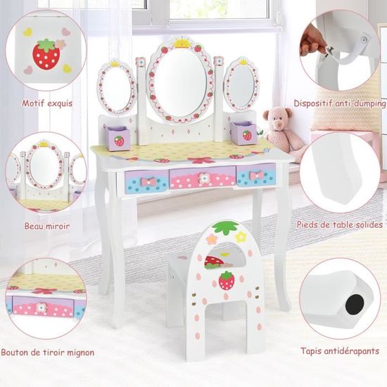 Coiffeuse Enfant 2-en-1 Princesse – Miroir 360° Rotatif + Bureau, Tabouret & Tiroirs (Blanc)