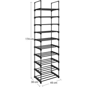 IBUYKE Étagère à Chaussures 10 Niveaux - Capacité 40 Paires - Cadre Métal Et Planches Bois - Design Gain De Place - Noir - Pour Entrée, Couloir, Salon
