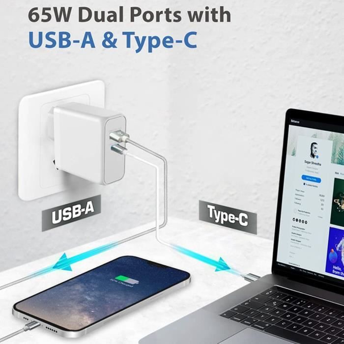 65W Dual PD Type-C + 3 x Chargeur multi-ports USB pour téléphone et tablette
