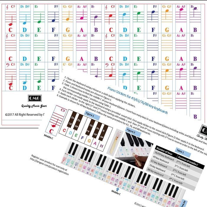 Autocollants transparents pour piano,étiquettes adhésives de couleur avec  symboles de portées, pour clavier électronique, pour touches blanches, pour  49, 54, 61 ou 88 touches,, ✓ Meilleur prix au Maroc et ailleurs