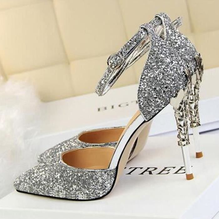 Escarpins Femmes Bride Cheville Sparkle Chaussures Bout Pointu Ferme Mary Janes Talon Haut Aiguille Discotheque Soiree argent Achat Vente Talons hauts feminins exquis pas cher Cdiscount