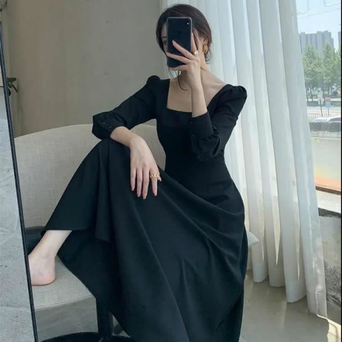 Robe Robe elegante a manches longues pour femme vetement surdimensionne Vintage col carre Midi noir Chic Style Type black Blanc Cdiscount Pret a Porter