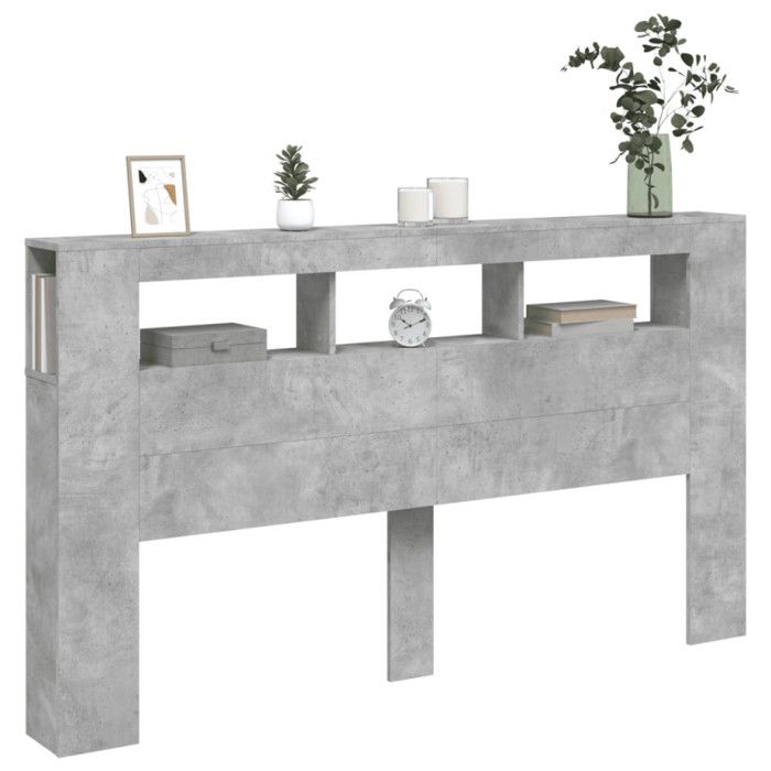 Tête De Lit Avec Rangement Coavain 220 Cm - Gris Béton, Bois Ingénierie, 4 Niches - Pour Lit Double/king Size