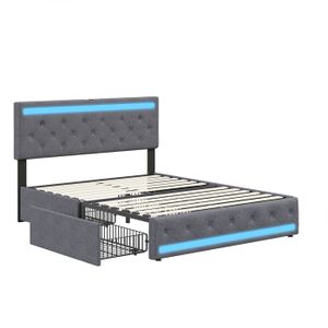 BRYXR Lit à sommier tapissier 160 x 200 cm avec sommier à Lattes, élégant lit rembourré avec Espace de Rangement, 4 tiroirs, éclairage LED Individuel, Ports USB et Type C, Design Gris