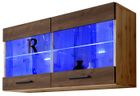 IAMS CHIEN Vitrine murale suspendue LED bleues - Bronze Mat & Bois naturel - L100cmxH50cmxP30cm