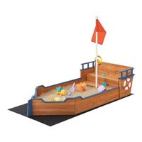 Bac a sable de forme bateau en bois avec banc rabattable et drapeau 136 x 193 x 94 cm