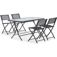 Salon de jardin - CALVI - Table de jardin + 4 chaises - En acier et verre - Chaises pliantes - Coloris : noir