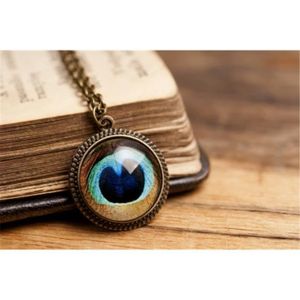 Vintage Paon Plumes Noir Dôme Photo en Verre Art Chaîne Collier Pendentif
