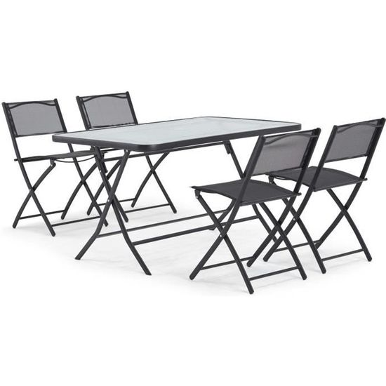 Salon de jardin - CALVI - Table de jardin + 4 chaises - En acier et verre - Chaises pliantes - Coloris : noir