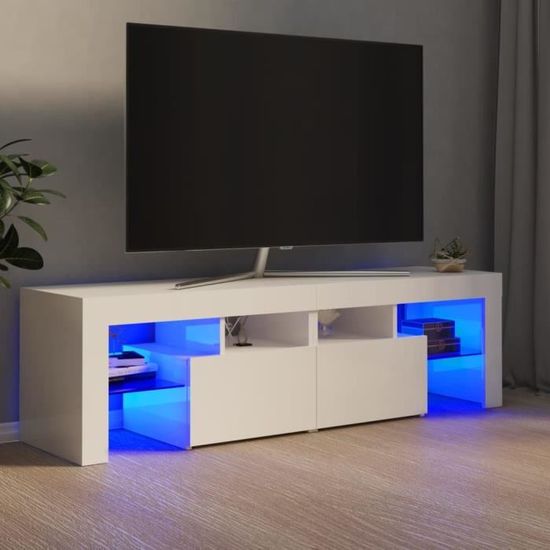 Meuble TV Scandinave Moderne - 6582Neuve - Blanc Brillant - 140x35x40 cm - LED RVB