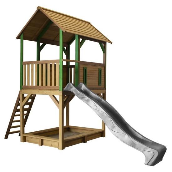 AXI Pumba Maison Enfant avec Bac à Sable & Toboggan gris | Aire de Jeux pour l'extérieur en marron & vert | Maisonnette