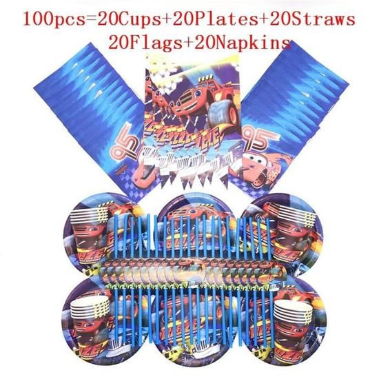 BeiPanXiQiZhi 100pcs -Vaisselle jetable de dessin animé Blaze et the Monster Machines pour enfants,assiette en papier,tasse,drape